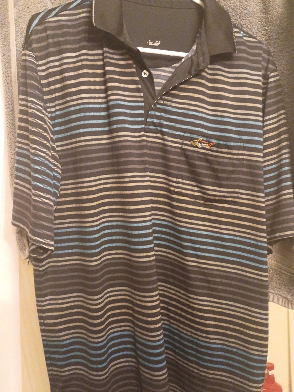 Greg Norman Collection Black Polo with Blue and Gray Stripes
